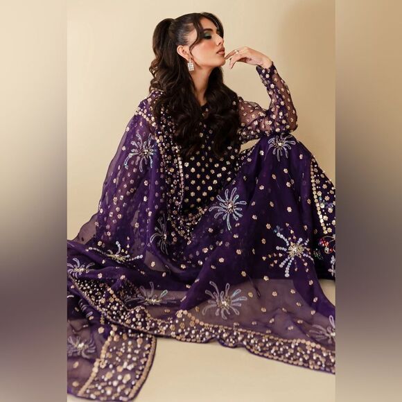 NUREH PAKISTANI DESIGNER FARSHI TINY TWINKLES WILD BEAUTY DRESS 3 PIECE - Picture 5 of 16